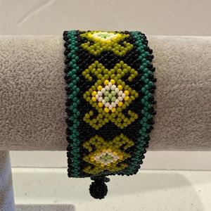Native American style loom woven seed bead Bracelet- Artisan- blue, green, black